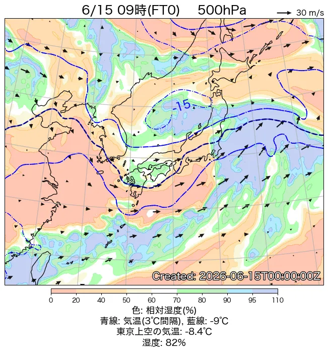 2026年6月15日の日本周辺の500hPa天気図（9時）