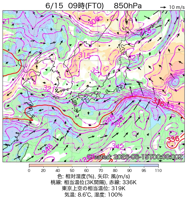 2026年6月15日の日本周辺の850hPa天気図（9時）