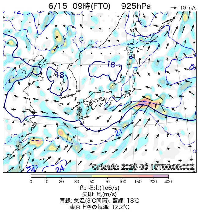 2026年6月15日の日本周辺の925hPa天気図（9時）