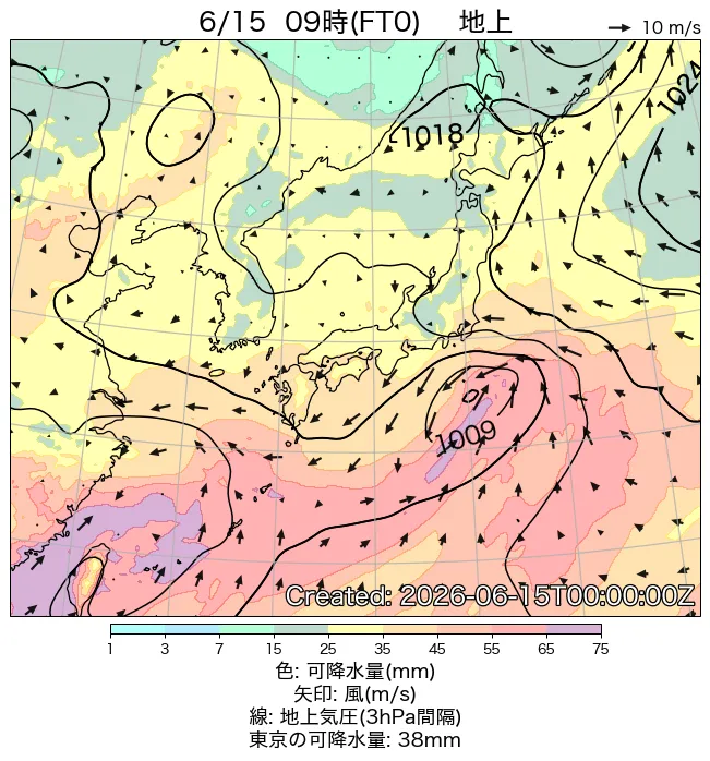 2026年6月15日の日本周辺の地上天気図（9時）