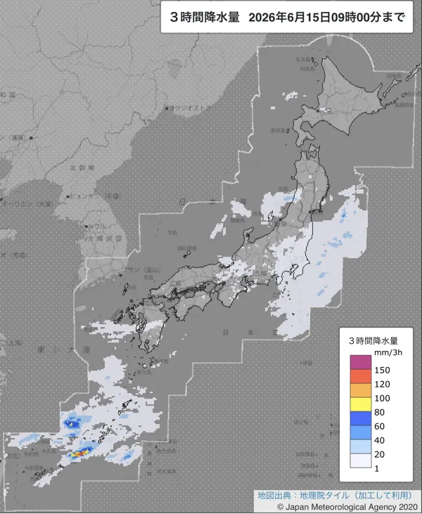 2026年6月15日6〜9時の日本周辺の3時間解析降水量
