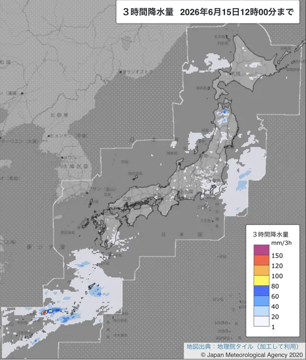 2026年6月15日9〜12時の日本周辺の3時間解析降水量