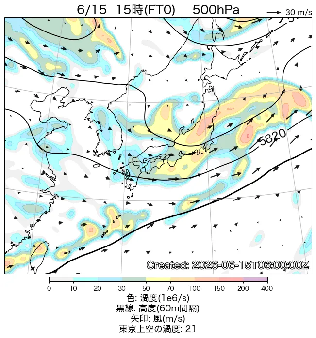 2026年6月15日の日本周辺の500hPa天気図（15時）