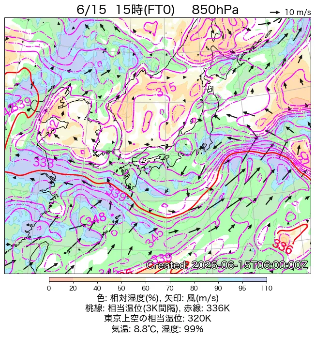 2026年6月15日の日本周辺の850hPa天気図（15時）