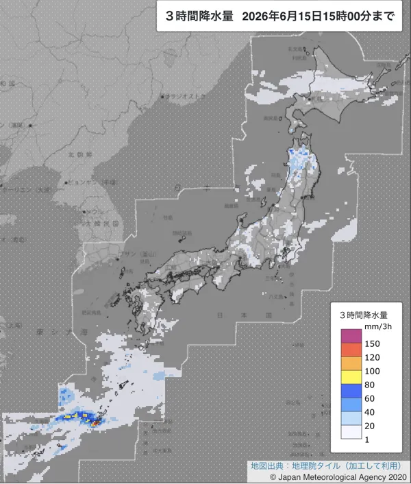 2026年6月15日12〜15時の日本周辺の3時間解析降水量