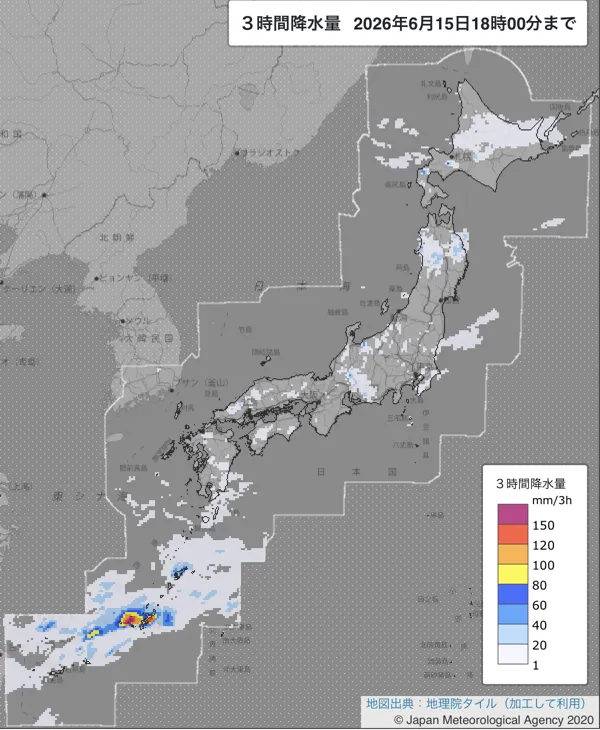 2026年6月15日15〜18時の日本周辺の3時間解析降水量