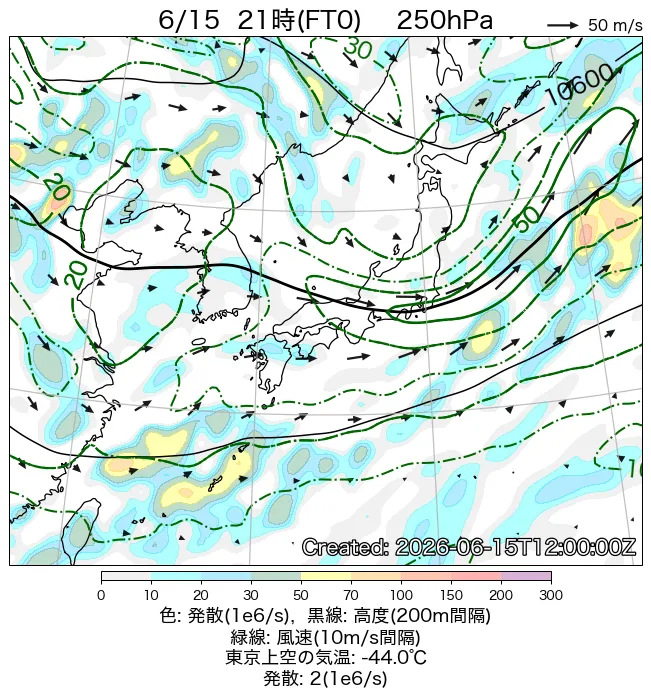 2026年6月15日の日本周辺の250hPa天気図（21時）