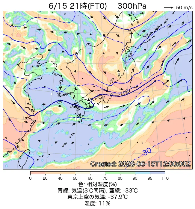 2026年6月15日の日本周辺の300hPa天気図（21時）