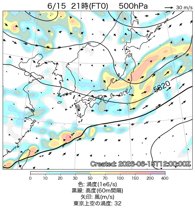 2026年6月15日の日本周辺の500hPa天気図（21時）