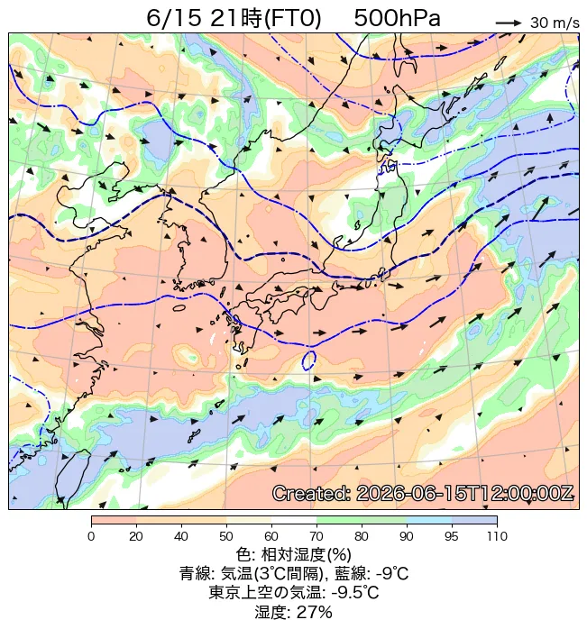 2026年6月15日の日本周辺の500hPa天気図（21時）