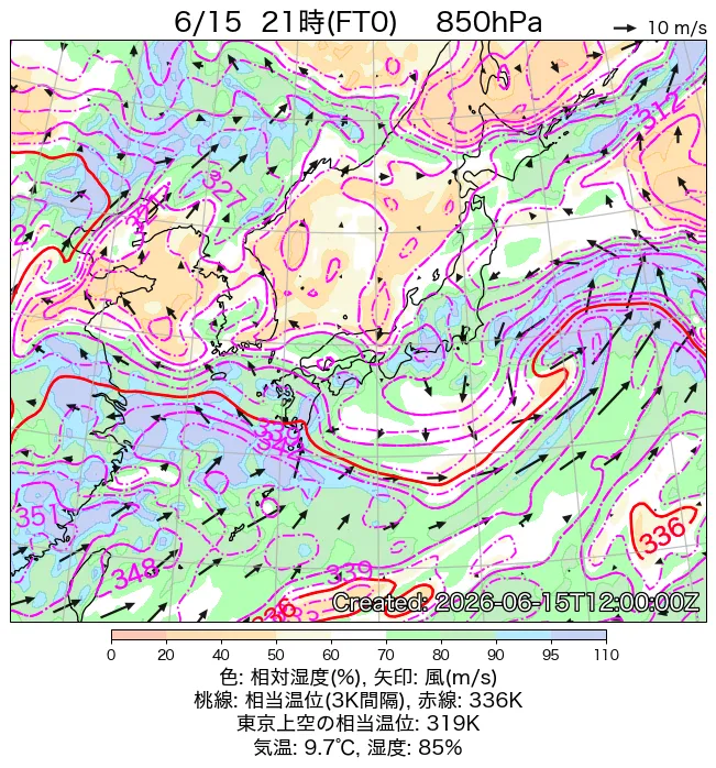 2026年6月15日の日本周辺の850hPa天気図（21時）