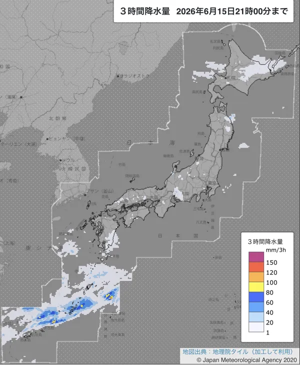 2026年6月15日18〜21時の日本周辺の3時間解析降水量