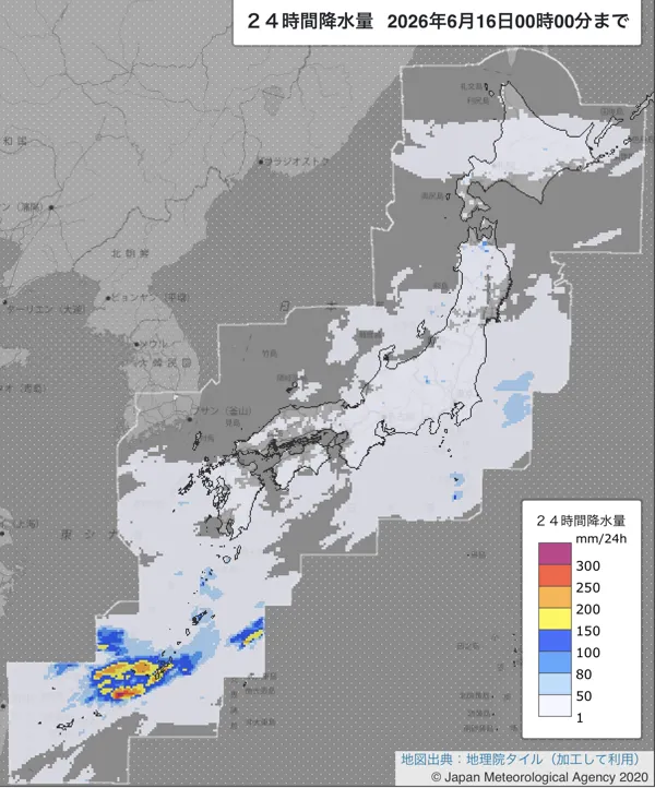 2026年6月15日の日本周辺の日解析雨量の図