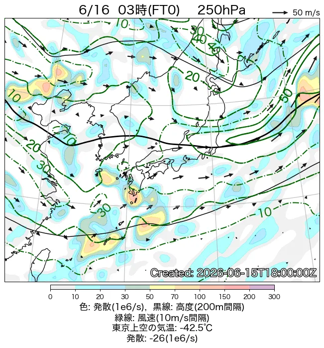 2026年6月16日の日本周辺の250hPa天気図（3時）