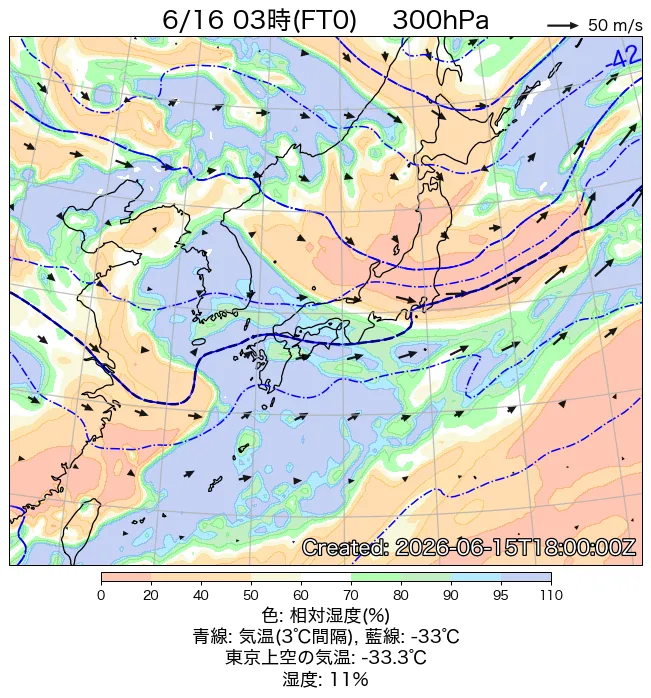 2026年6月16日の日本周辺の300hPa天気図（3時）