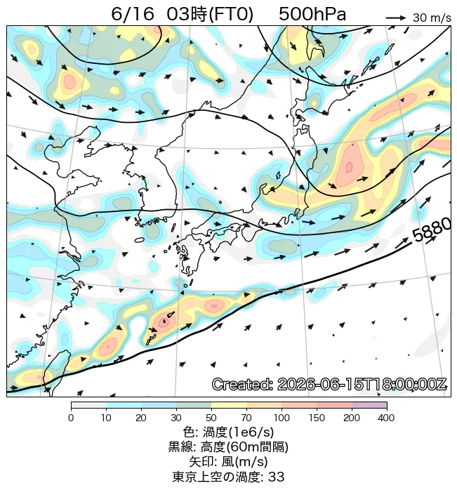 2026年6月16日の日本周辺の500hPa天気図（3時）