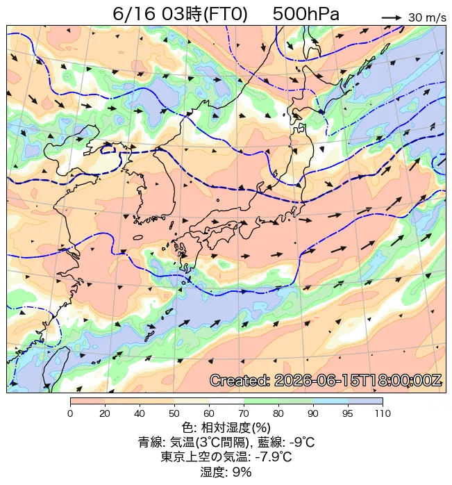 2026年6月16日の日本周辺の500hPa天気図（3時）