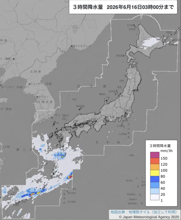 2026年6月16日0〜3時の日本周辺の3時間解析降水量