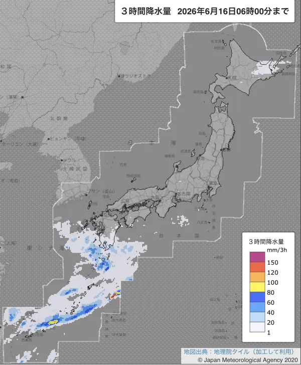 2026年6月16日3〜6時の日本周辺の3時間解析降水量