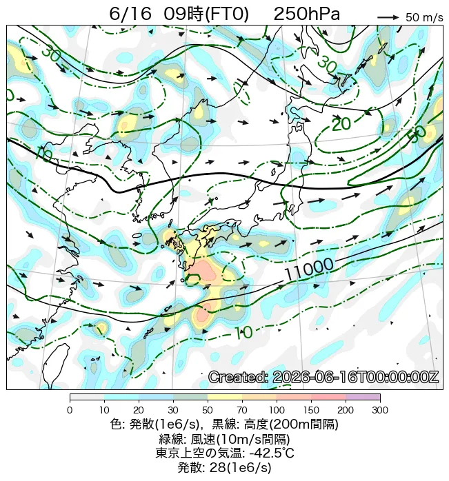 2026年6月16日の日本周辺の250hPa天気図（9時）