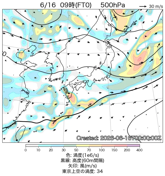 2026年6月16日の日本周辺の500hPa天気図（9時）
