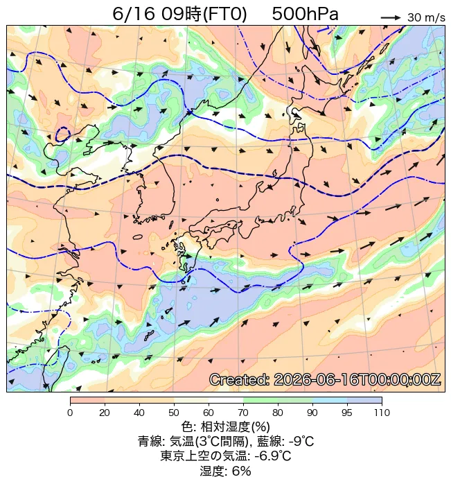 2026年6月16日の日本周辺の500hPa天気図（9時）