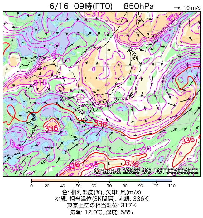 2026年6月16日の日本周辺の850hPa天気図（9時）