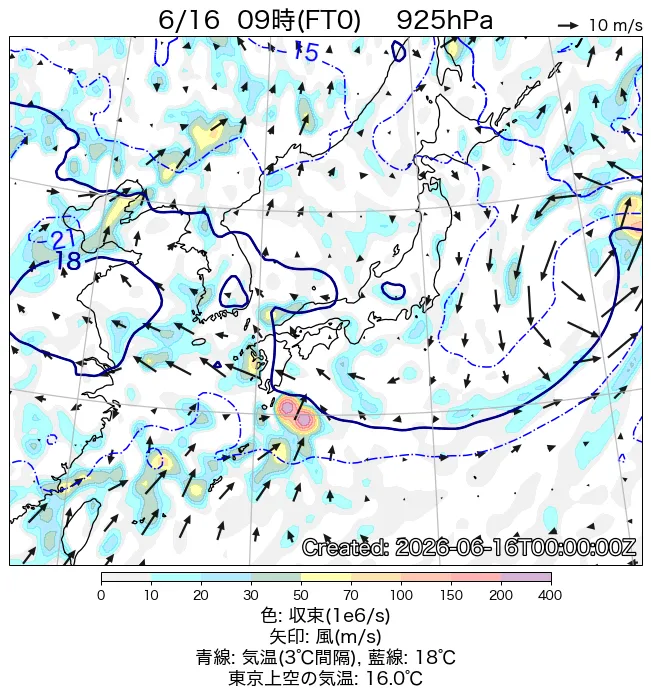2026年6月16日の日本周辺の925hPa天気図（9時）