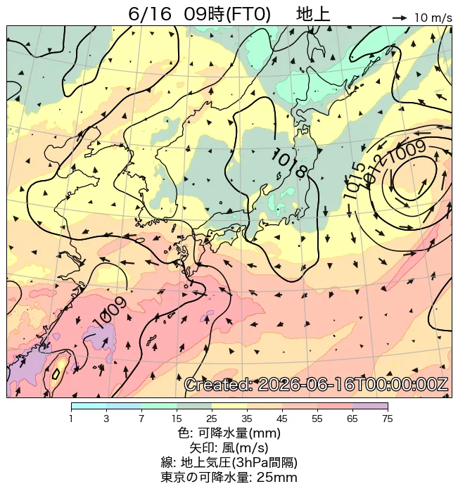 2026年6月16日の日本周辺の地上天気図（9時）