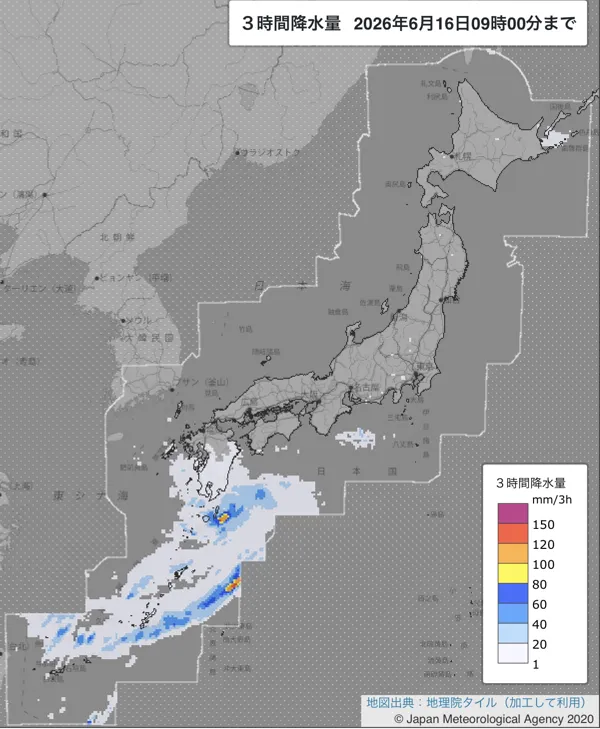 2026年6月16日6〜9時の日本周辺の3時間解析降水量