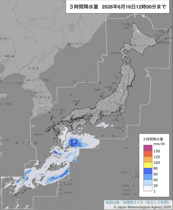 2026年6月16日9〜12時の日本周辺の3時間解析降水量