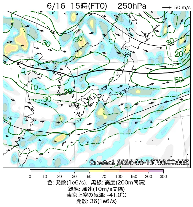 2026年6月16日の日本周辺の250hPa天気図（15時）