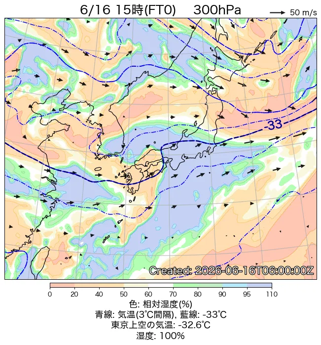 2026年6月16日の日本周辺の300hPa天気図（15時）