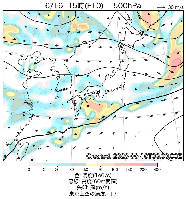2026年6月16日の日本周辺の500hPa天気図（15時）