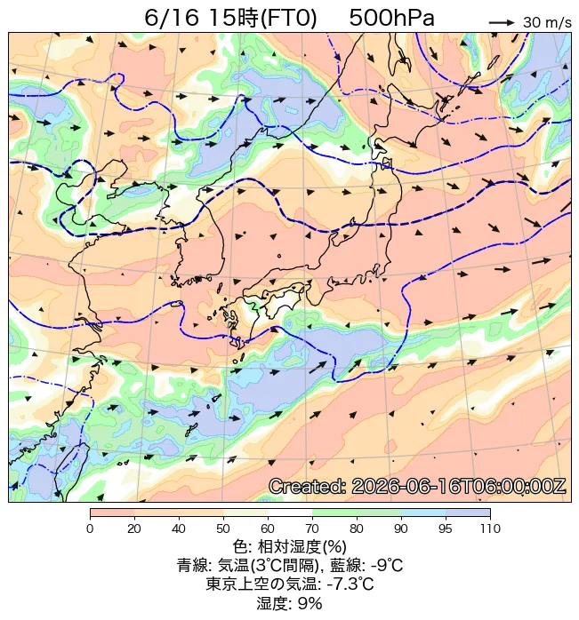 2026年6月16日の日本周辺の500hPa天気図（15時）