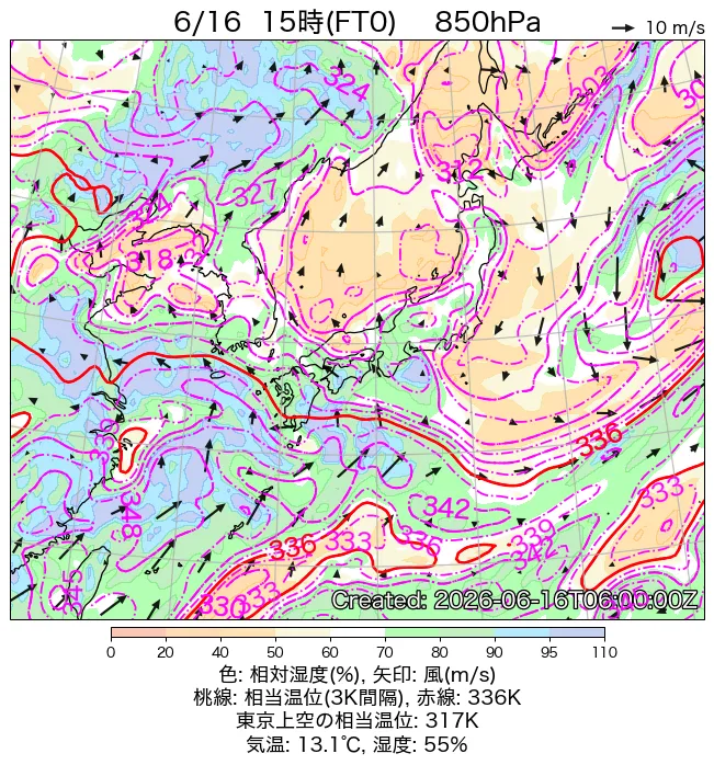 2026年6月16日の日本周辺の850hPa天気図（15時）