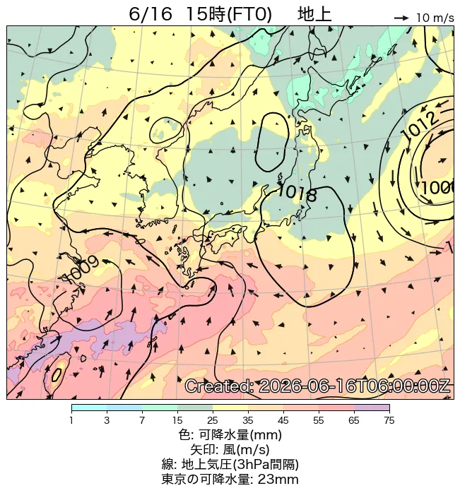 2026年6月16日の日本周辺の地上天気図（15時）