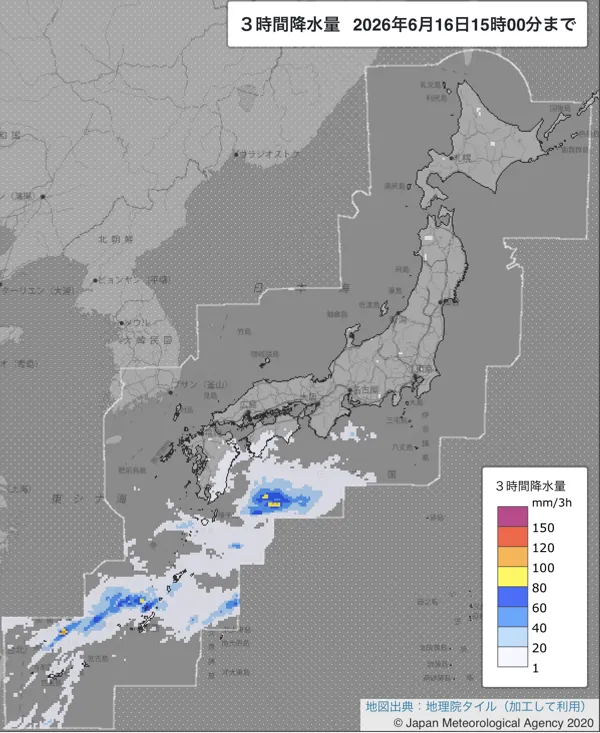 2026年6月16日12〜15時の日本周辺の3時間解析降水量