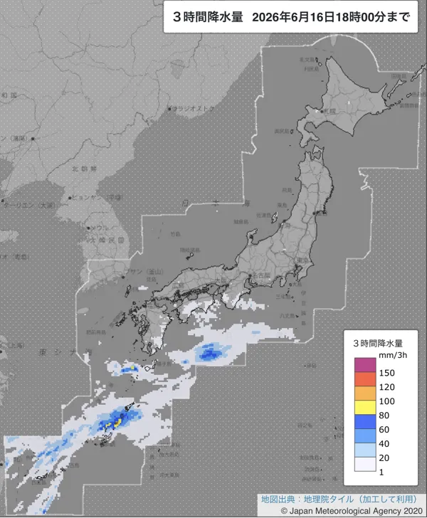 2026年6月16日15〜18時の日本周辺の3時間解析降水量