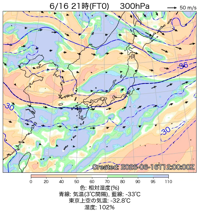 2026年6月16日の日本周辺の300hPa天気図（21時）