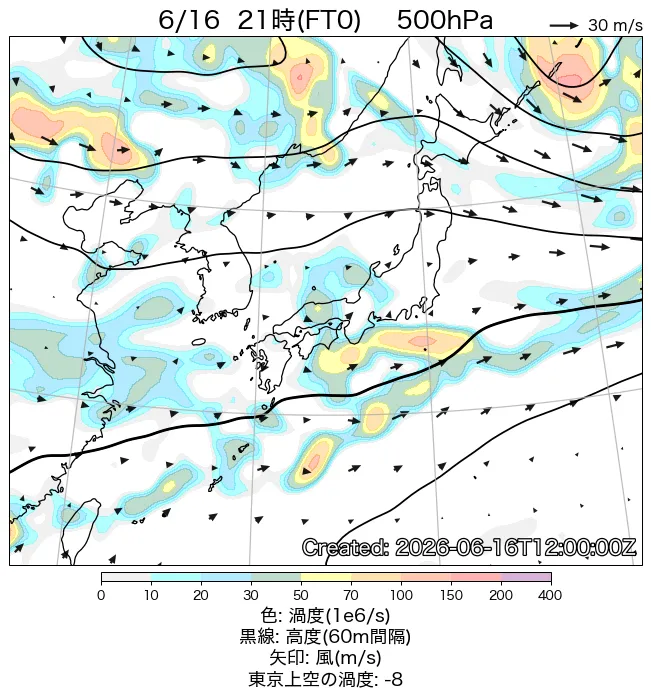 2026年6月16日の日本周辺の500hPa天気図（21時）