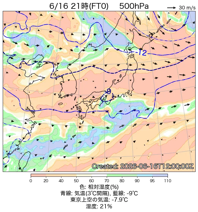 2026年6月16日の日本周辺の500hPa天気図（21時）