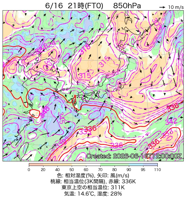 2026年6月16日の日本周辺の850hPa天気図（21時）