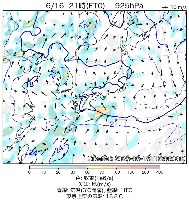 2026年6月16日の日本周辺の925hPa天気図（21時）
