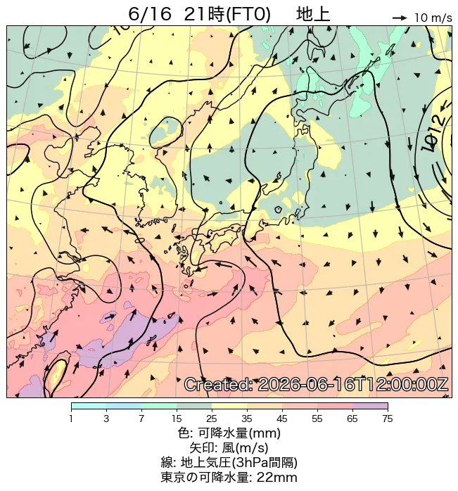 2026年6月16日の日本周辺の地上天気図（21時）