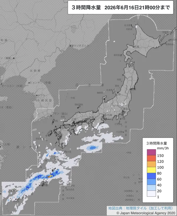 2026年6月16日18〜21時の日本周辺の3時間解析降水量