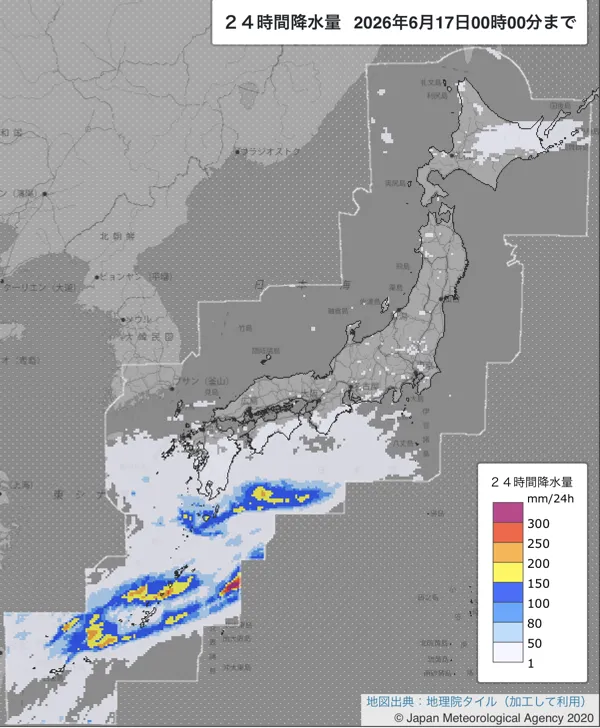 2026年6月16日の日本周辺の日解析雨量の図