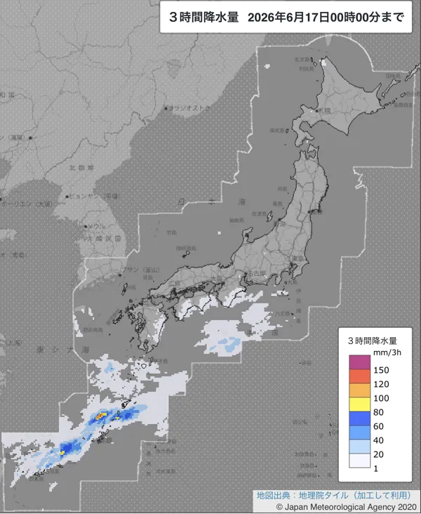 2026年6月16日21〜24時の日本周辺の3時間解析降水量