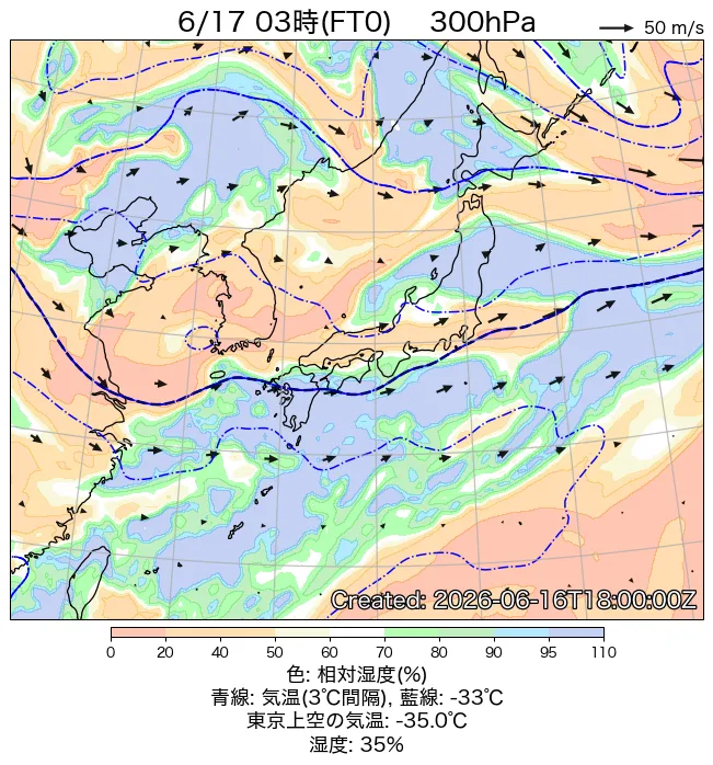 2026年6月17日の日本周辺の300hPa天気図（3時）