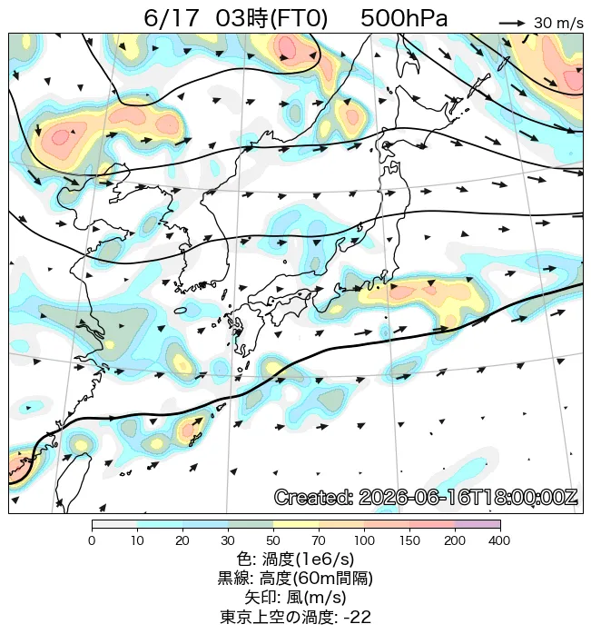 2026年6月17日の日本周辺の500hPa天気図（3時）
